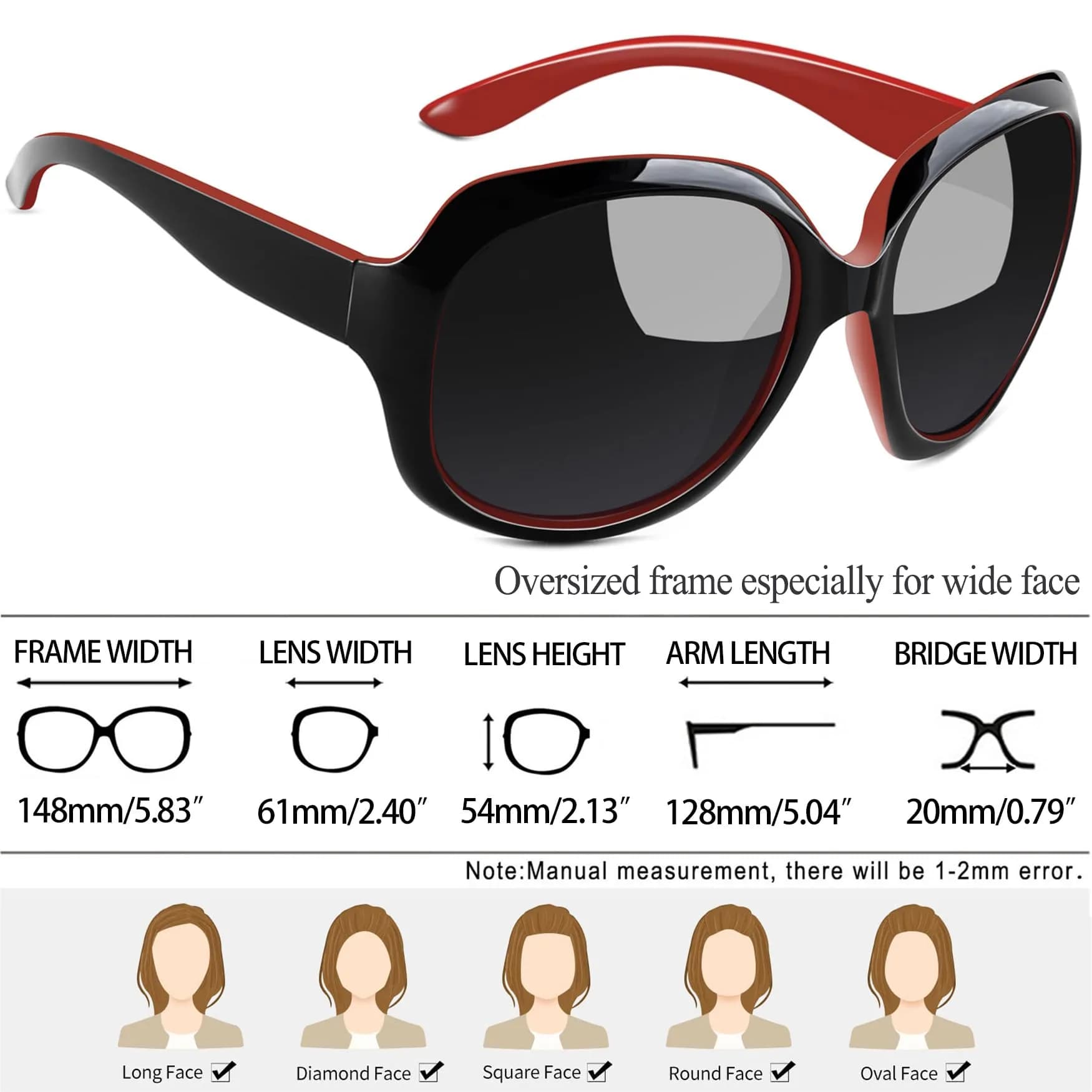 Joopin Oversized Butterfly Sunglasses for Women in Black Red/Grey with Polarized UV400 Protection - view 4