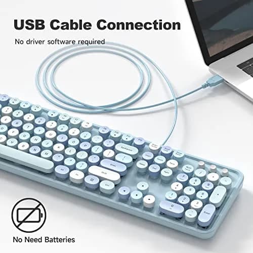 KNOWSQT Wired Computer Keyboard - Blue Colorful Retro Full Size Round Keycaps Plug and Play Typewriter Style 104 Keys | USB Wired Connection thumbnail 6