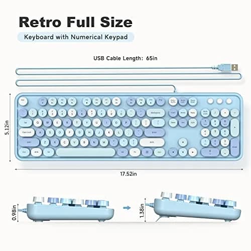 KNOWSQT Wired Computer Keyboard - Blue Colorful Retro Full Size Round Keycaps Plug and Play Typewriter Style 104 Keys | USB Wired Connection thumbnail 9