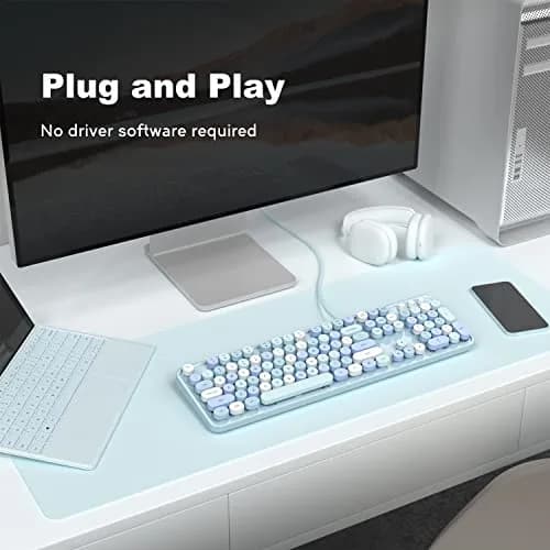 KNOWSQT Wired Computer Keyboard - Blue Colorful Retro Full Size Round Keycaps Plug and Play Typewriter Style 104 Keys | USB Wired Connection thumbnail 2
