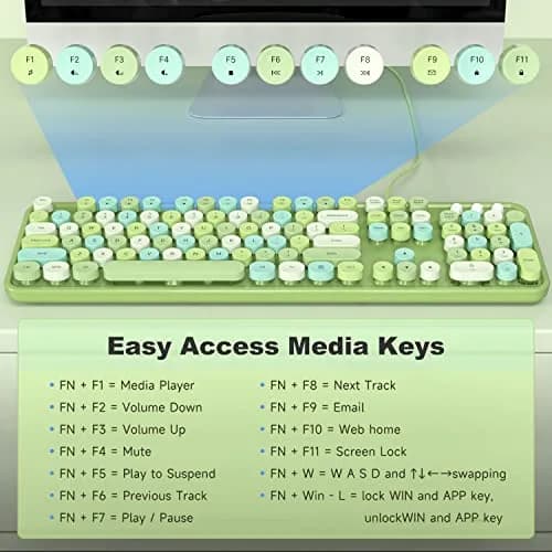 KNOWSQT Wired Computer Keyboard - Green Colorful Retro Full Size Round Keycaps Plug and Play Typewriter Style Keyboard thumbnail 5