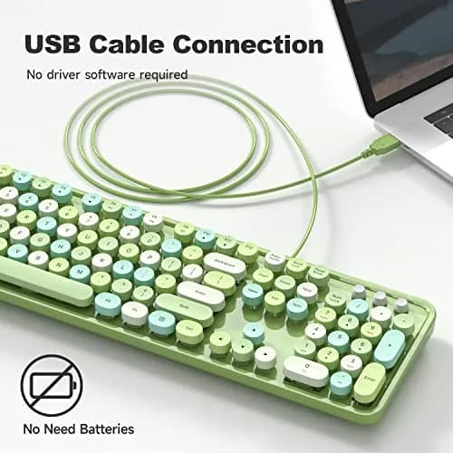 KNOWSQT Wired Computer Keyboard - Green Colorful Retro Full Size Round Keycaps Plug and Play Typewriter Style Keyboard thumbnail 6