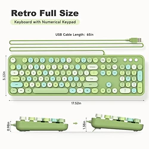KNOWSQT Wired Computer Keyboard - Green Colorful Retro Full Size Round Keycaps Plug and Play Typewriter Style Keyboard thumbnail 9