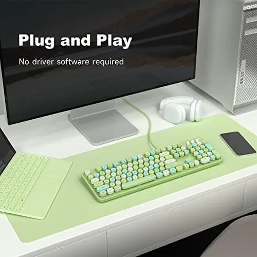 KNOWSQT Wired Computer Keyboard - Green Colorful Retro Full Size Round Keycaps Plug and Play Typewriter Style Keyboard thumbnail 2