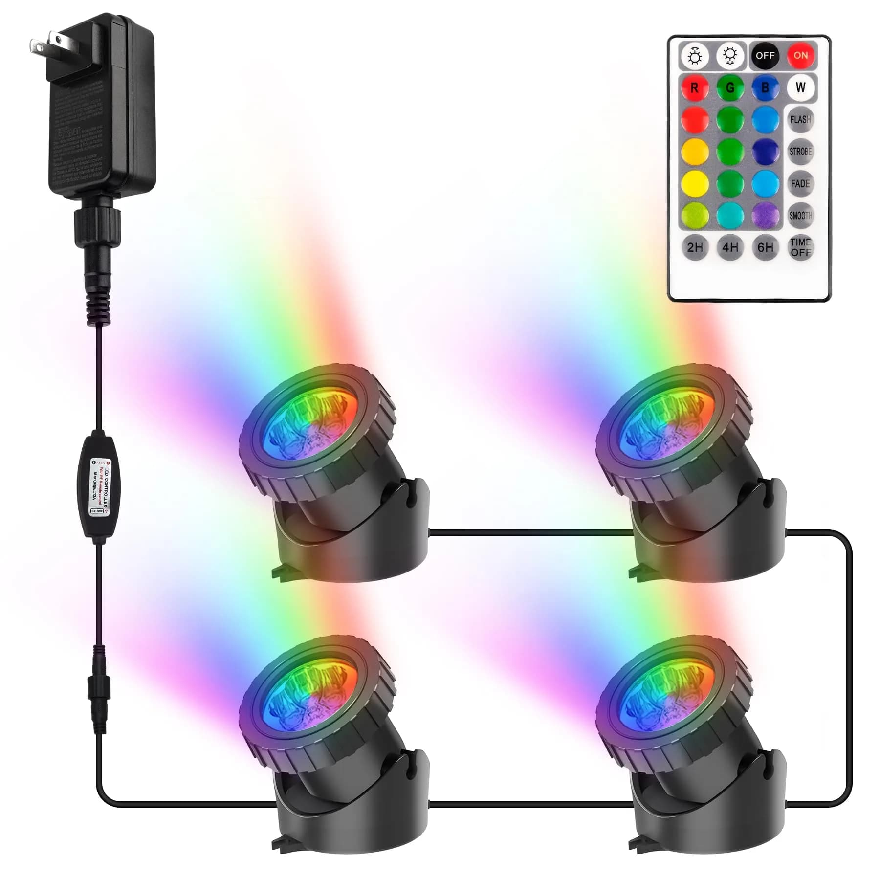 CREPOW RGB Pond Lights with Timer | Underwater Colorful Landscape Spotlights, 98ft Remote Control, IP68 Waterproof, Set of 4 (98ft, 4 lights)