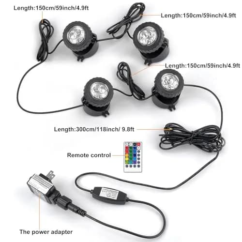 CREPOW RGB Pond Lights with Timer | Underwater Colorful Landscape Spotlights, 98ft Remote Control, IP68 Waterproof, Set of 4 (98ft, 4 lights) thumbnail 6