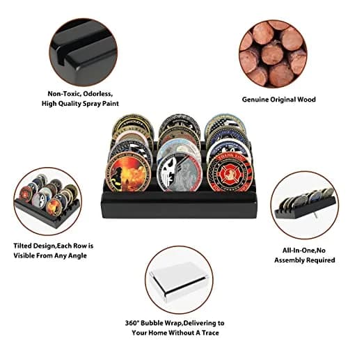 DecoWoodo Challenge Coin Holder Display Case 4 Row Solid Wood Black Finish | Space-Saving Military Coin Rack thumbnail 4