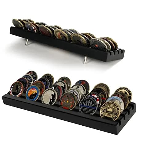 DecoWoodo Challenge Coin Display Stand 4 Rows Wooden Military Coin Holder Rack Case Holds 30 Coins, Black Finish | Elegant & Durable thumbnail 1