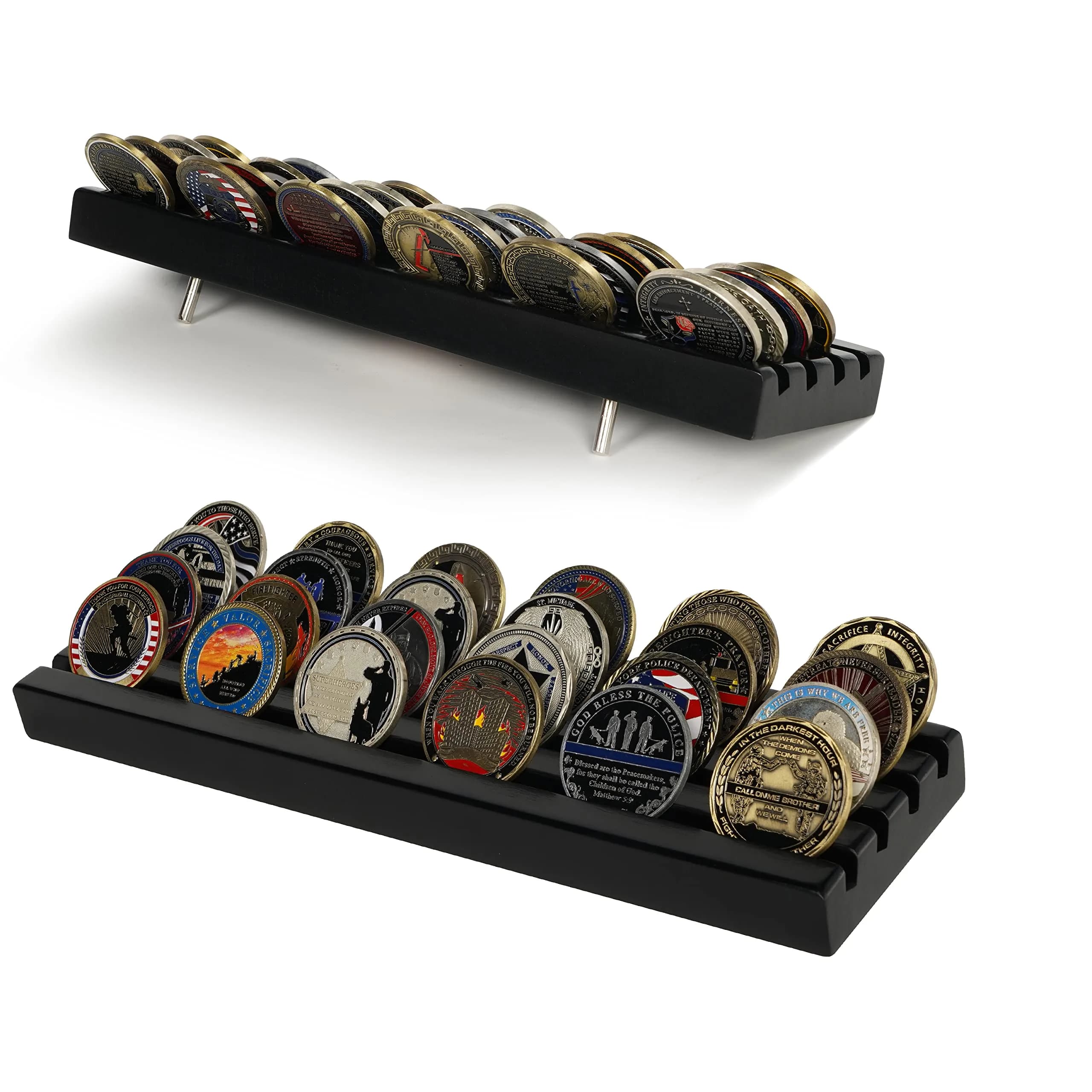 DecoWoodo Challenge Coin Display Stand 4 Rows Wooden Military Coin Holder Rack Case Holds 30 Coins, Black Finish | Elegant & Durable - main product image