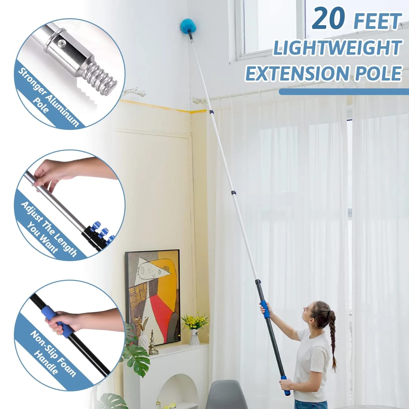 MAYKI 20-Foot Cobweb Duster with Extension Pole Kit | Nylon Duster Head, Aluminum Pole, 2-Piece Set - view 2