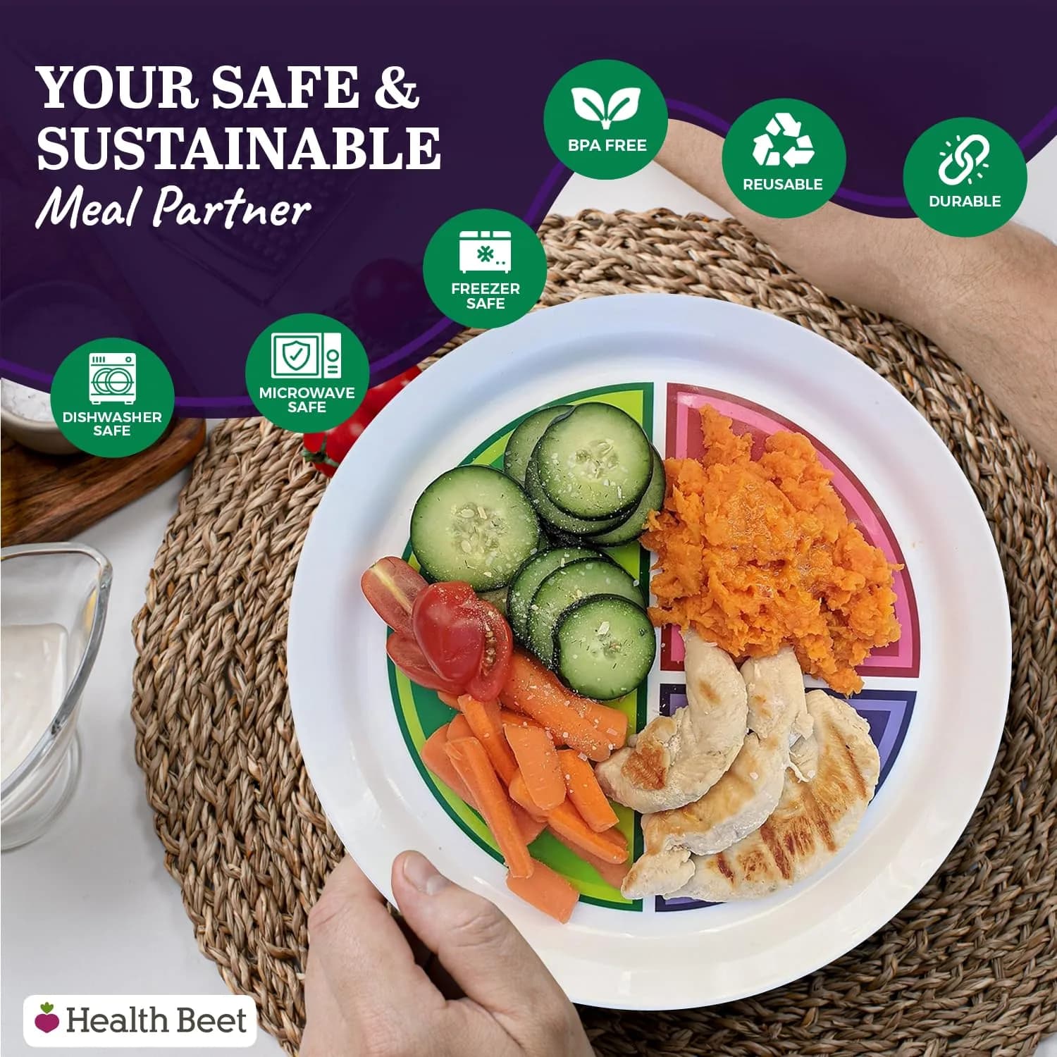 Health Beet Macro Diet Portion Control Plates (48-Pack) | 3 Compartments for Balanced Eating - view 3