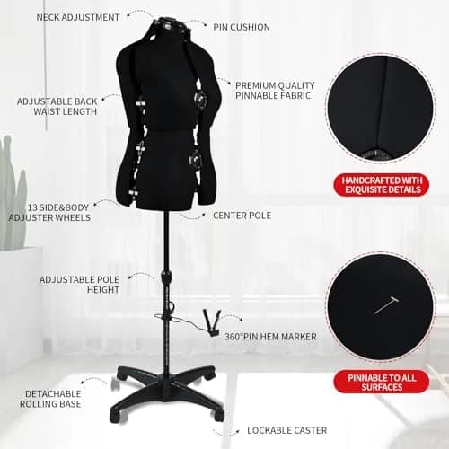 PDM WORLDWIDE Black Adjustable Sewing Dress Form Mannequin Size 12-18 | Fully Adjustable, Stable Base, Cotton Cover thumbnail 5