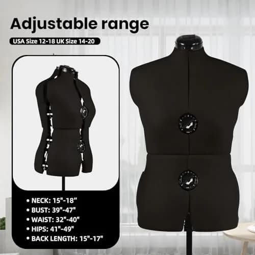 PDM WORLDWIDE Black Adjustable Sewing Dress Form Mannequin Size 12-18 | Fully Adjustable, Stable Base, Cotton Cover thumbnail 2