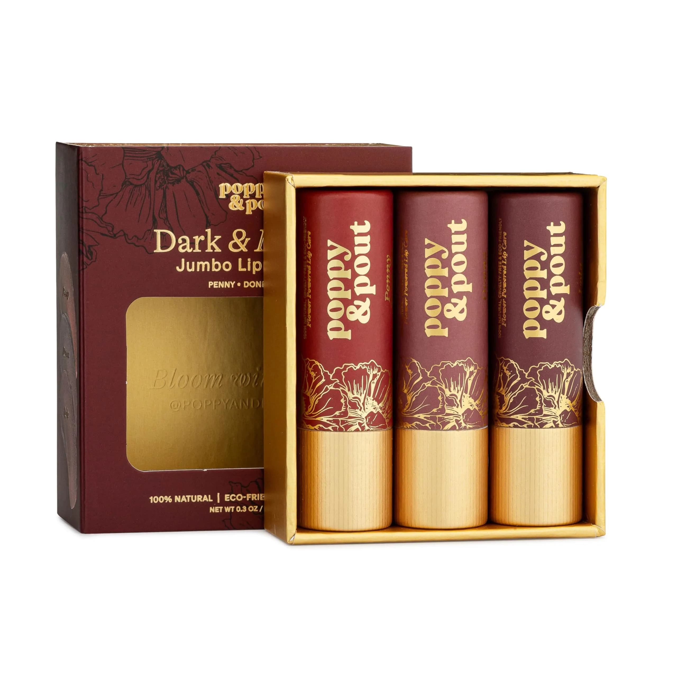 Poppy & Pout All Natural Lip Tints, 3-Pack | Sustainable Cardboard Tubes, Beeswax, Vitamin E, Coconut Oil (0.3oz each) — Dark & Dreamy Trio