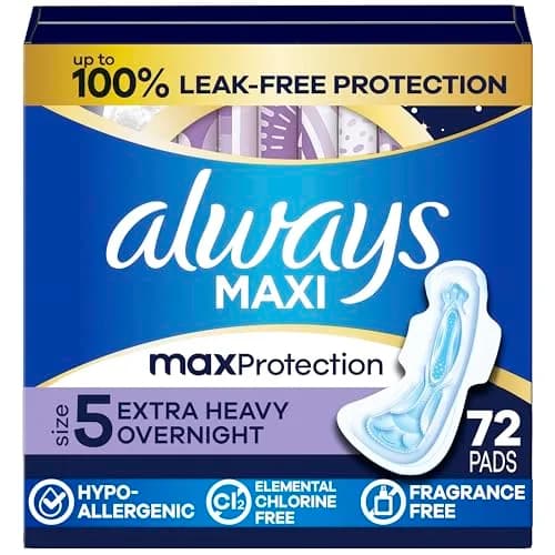 Always Maxi Overnight Pads with Wings, Size 5 Extra Heavy Overnight 72 Count | 11 Hours Protection — Size 5