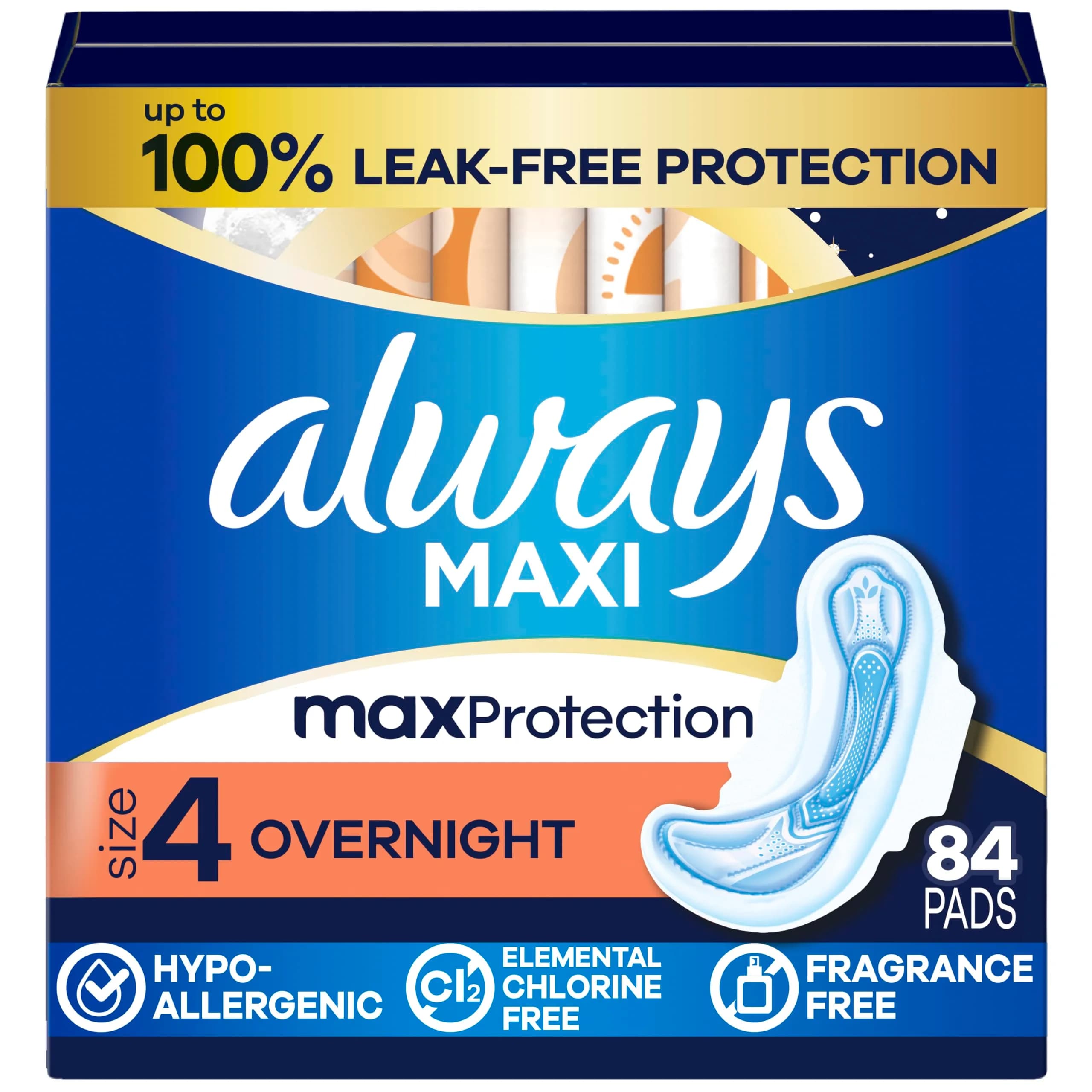 Always Maxi Overnight Pads with Wings, Size 4, 84 Count (3 Packs of 28) | Dermatologist Tested for Sensitive Skin