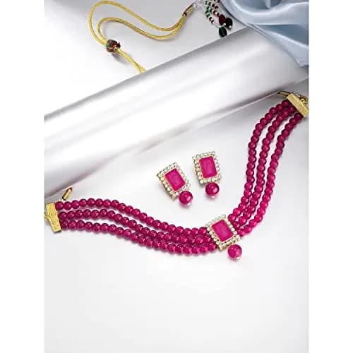 I Jewels Traditional Indian Wedding Bollywood Stone Pearl Choker Necklace Jewellery Set for Women (Style 4) | 26cm Necklace, 3.5cm Earrings thumbnail 4
