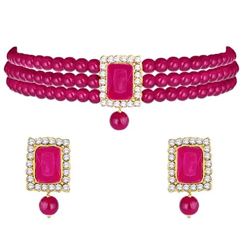 I Jewels Traditional Indian Wedding Bollywood Stone Pearl Choker Necklace Jewellery Set for Women (Style 4) | 26cm Necklace, 3.5cm Earrings thumbnail 5
