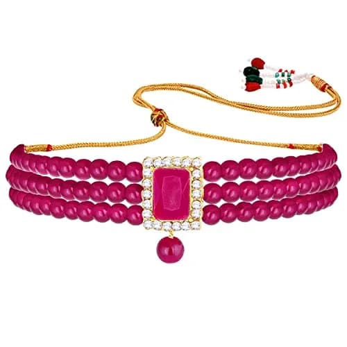 I Jewels Traditional Indian Wedding Bollywood Stone Pearl Choker Necklace Jewellery Set for Women (Style 4) | 26cm Necklace, 3.5cm Earrings thumbnail 7