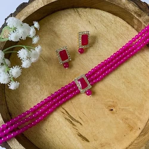 I Jewels Traditional Indian Wedding Bollywood Stone Pearl Choker Necklace Jewellery Set for Women (Style 4) | 26cm Necklace, 3.5cm Earrings thumbnail 2