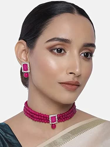 I Jewels Traditional Indian Wedding Bollywood Stone Pearl Choker Necklace Jewellery Set for Women (Style 4) | 26cm Necklace, 3.5cm Earrings thumbnail 3