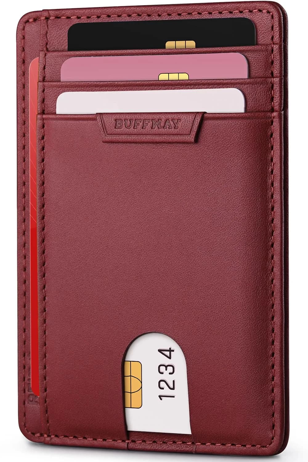 Buffway Slim Wallet for Men Women Minimalist Small Leather Front Pocket Wallets with RFID Blocking and Gifts Box - Bassa Mars Red | Compact RFID Wallet