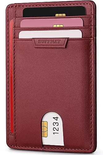 Buffway Slim Wallet for Men Women Minimalist Small Leather Front Pocket Wallets with RFID Blocking and Gifts Box - Bassa Mars Red | Compact RFID Wallet thumbnail 1
