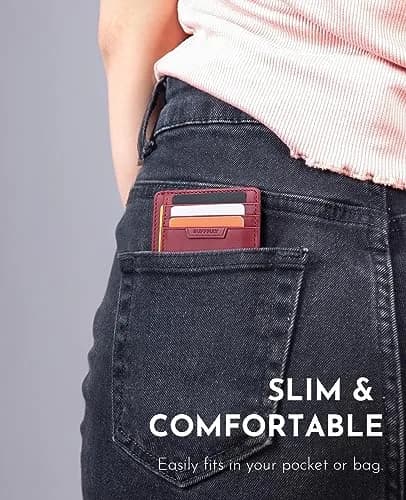 Buffway Slim Wallet for Men Women Minimalist Small Leather Front Pocket Wallets with RFID Blocking and Gifts Box - Bassa Mars Red | Compact RFID Wallet thumbnail 3