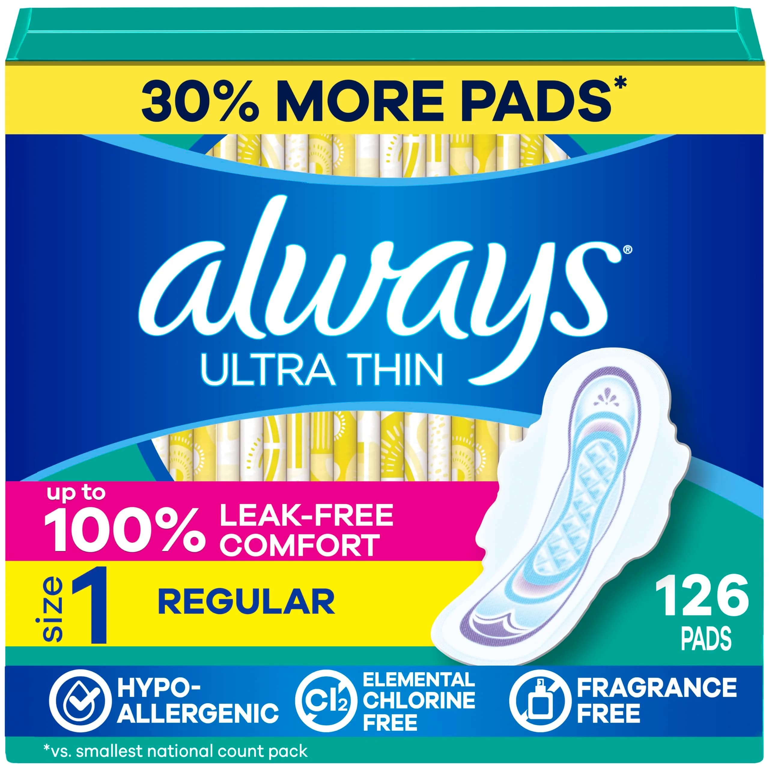 Always Ultra Thin Size 1 Regular Absorbency Feminine Pads with Wings, 126 Count - main product image