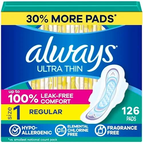 Always Ultra Thin Feminine Pads with Wings, Size 1, Regular Absorbency, Unscented, 126 Count | 100% Leak-Free Protection thumbnail 1