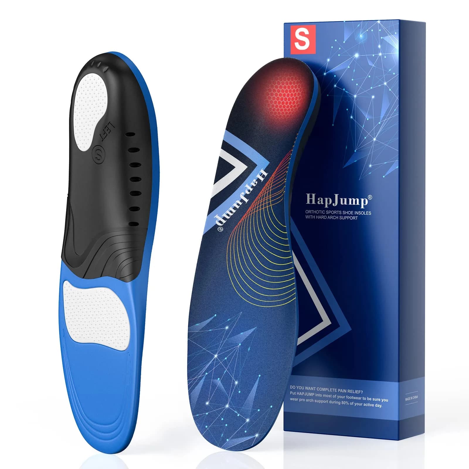 HapJump Plantar Fasciitis Pain Relief Feet Insoles Arch Support with Motion Control | Comfortable for Men & Women, Improve Balance, 1 Pair, S