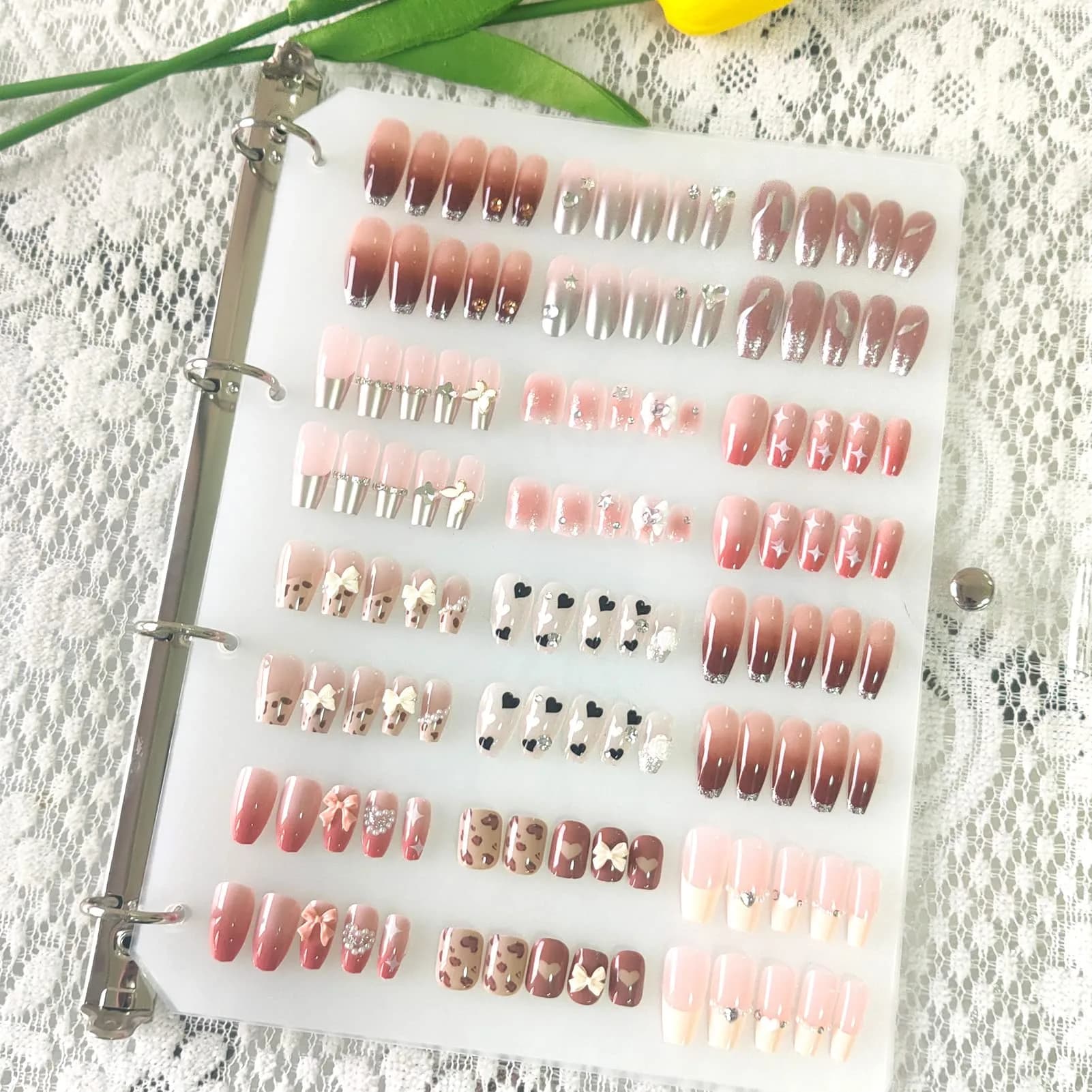 GUXACU Clear Press On Nail Organizer Book with 6 Pages & 60 Adhesive Strips | Stores 36-48 Sets — Silver,Transparent