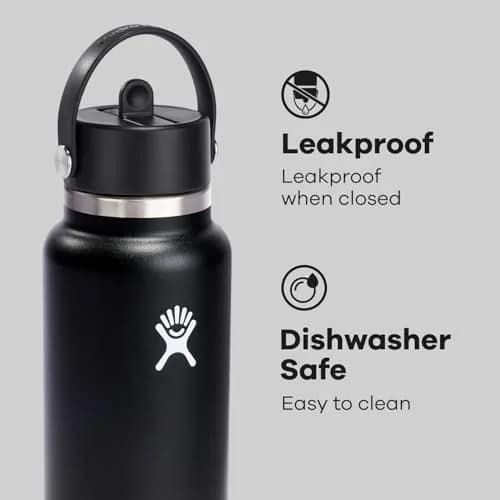 Hydro Flask Water Bottle - Insulated Stainless Steel - Wide Straw Lid, Non Spill, Leakproof in 32 Oz Black thumbnail 4