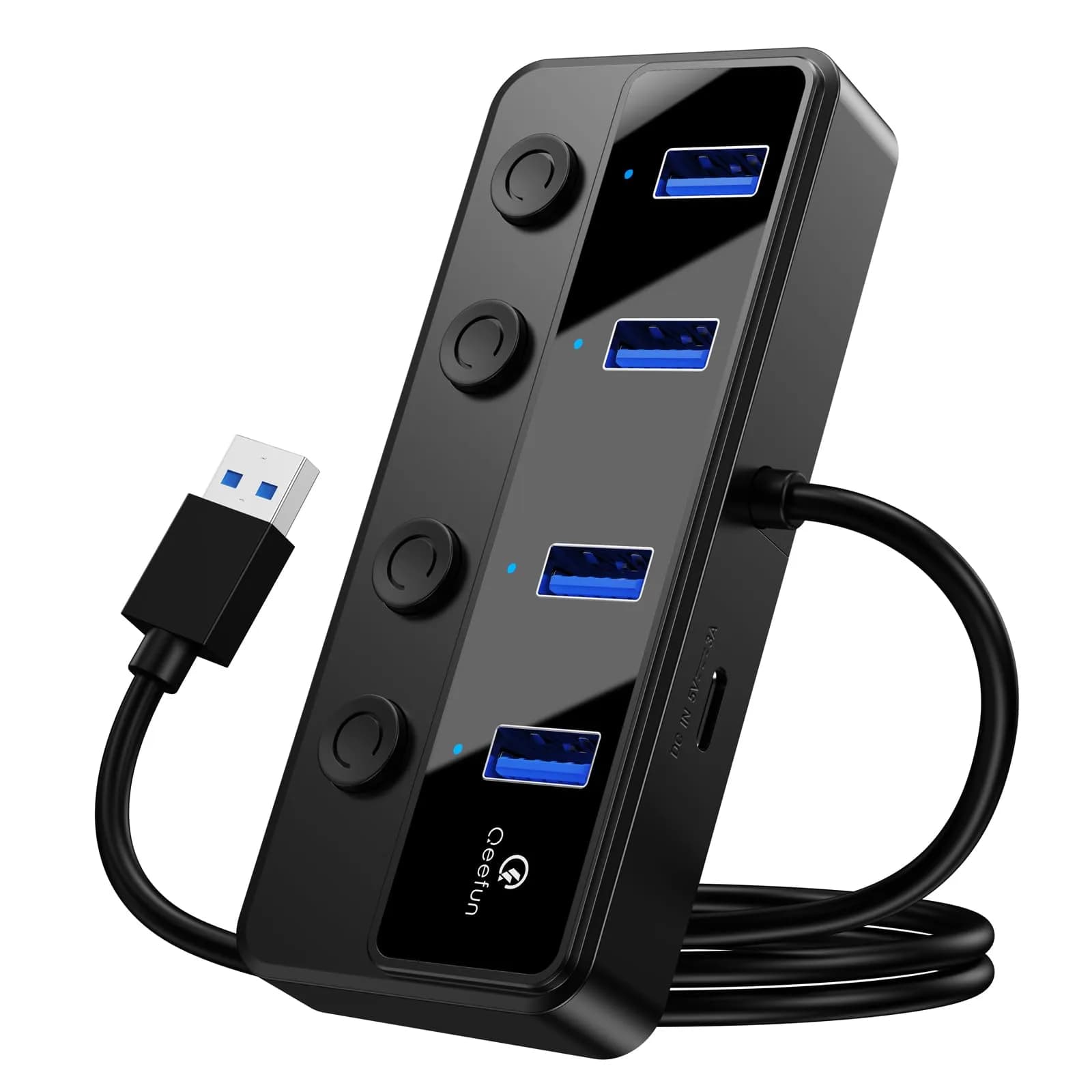 Q QEEFUN 4-Port USB 3.0 Hub with Individual LED Power Switches & 2ft Cable | 5Gbps Data Transfer — A to 4A(60cm)