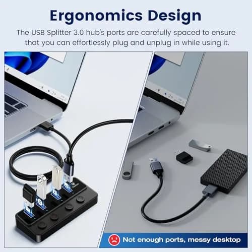 Q QEEFUN 4-Port USB 3.0 Hub with Individual LED Power Switches & 2ft Cable | 5Gbps Data Transfer thumbnail 5