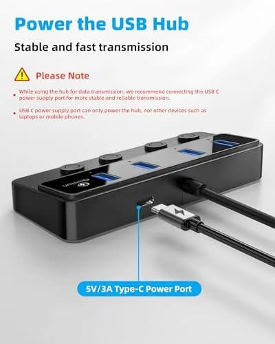 Q QEEFUN 4-Port USB 3.0 Hub with Individual LED Power Switches & 2ft Cable | 5Gbps Data Transfer thumbnail 6