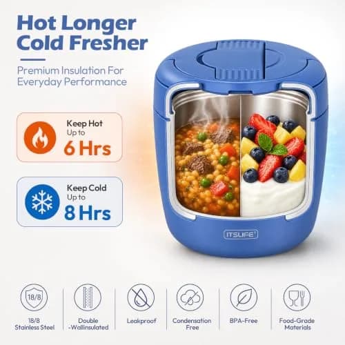 Itslife 32oz Insulated Soup Thermo Vacuum Stainless Steel Food Jar for Hot & Cold Food with Spoon (Blue) thumbnail 4