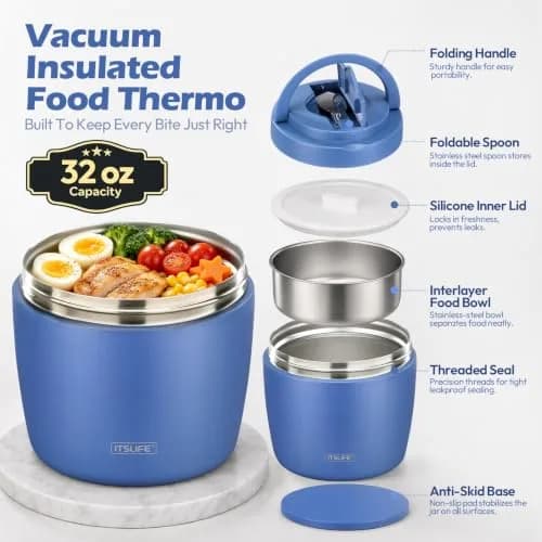 Itslife 32oz Insulated Soup Thermo Vacuum Stainless Steel Food Jar for Hot & Cold Food with Spoon (Blue) thumbnail 2