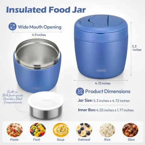 Itslife 32oz Insulated Soup Thermo Vacuum Stainless Steel Food Jar for Hot & Cold Food with Spoon (Blue) thumbnail 3