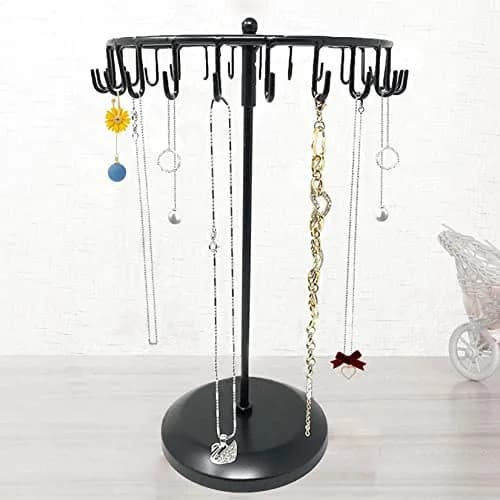 Qaeoity Jewelry Organizer Stand 14-Inch Silver | Rotating Necklace Holder with 23 Hooks thumbnail 6