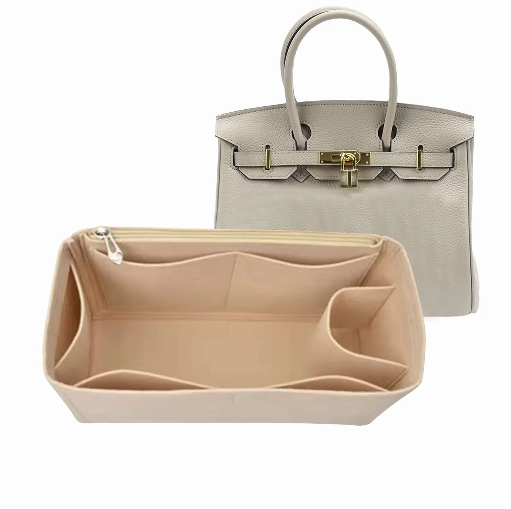 Lckaey Premium Felt Purse Organizer Insert for Birkin 30 Bag, Camel M | 26.9cm (10.6in) Organizer with Zip Pocket — beige / birkin 30