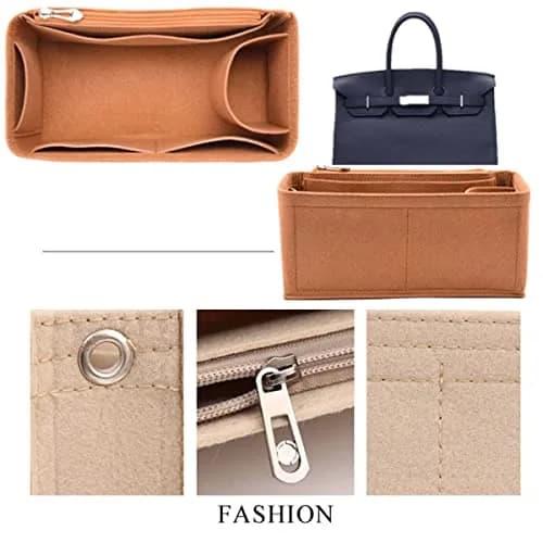 Lckaey Premium Felt Purse Organizer Insert for Birkin 30 Bag, Camel M | 26.9cm (10.6in) Organizer with Zip Pocket thumbnail 2