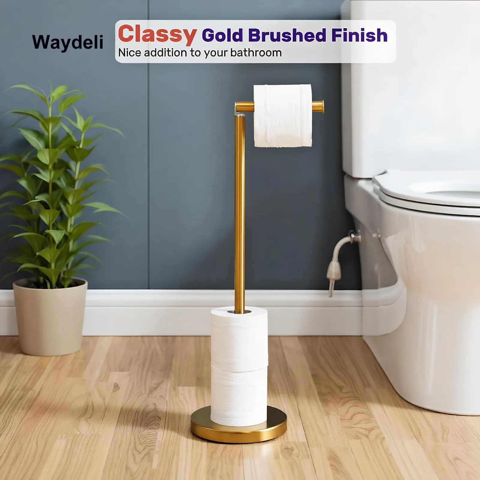 WAYDELI Freestanding Toilet Paper Holder Stand with Reserve for 4 Rolls | Stainless Steel Base, Gold - view 5