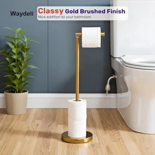WAYDELI Freestanding Toilet Paper Holder Stand with Reserve for 4 Rolls | Stainless Steel Base, Gold thumbnail 5