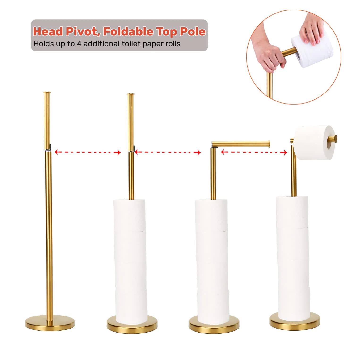 WAYDELI Freestanding Toilet Paper Holder Stand with Reserve for 4 Rolls | Stainless Steel Base, Gold - view 6