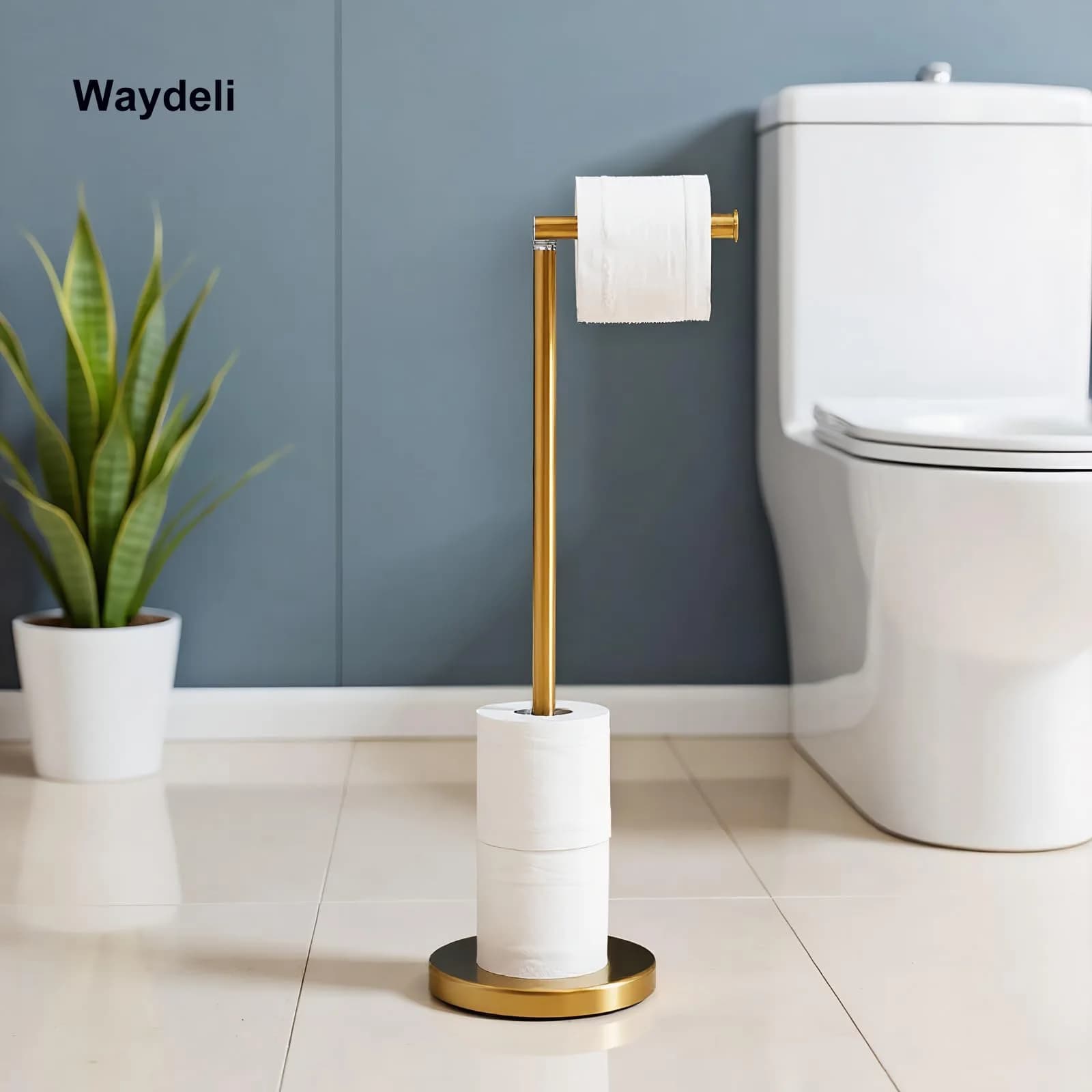 WAYDELI Freestanding Toilet Paper Holder Stand with Reserve for 4 Rolls | Stainless Steel Base, Gold - view 8