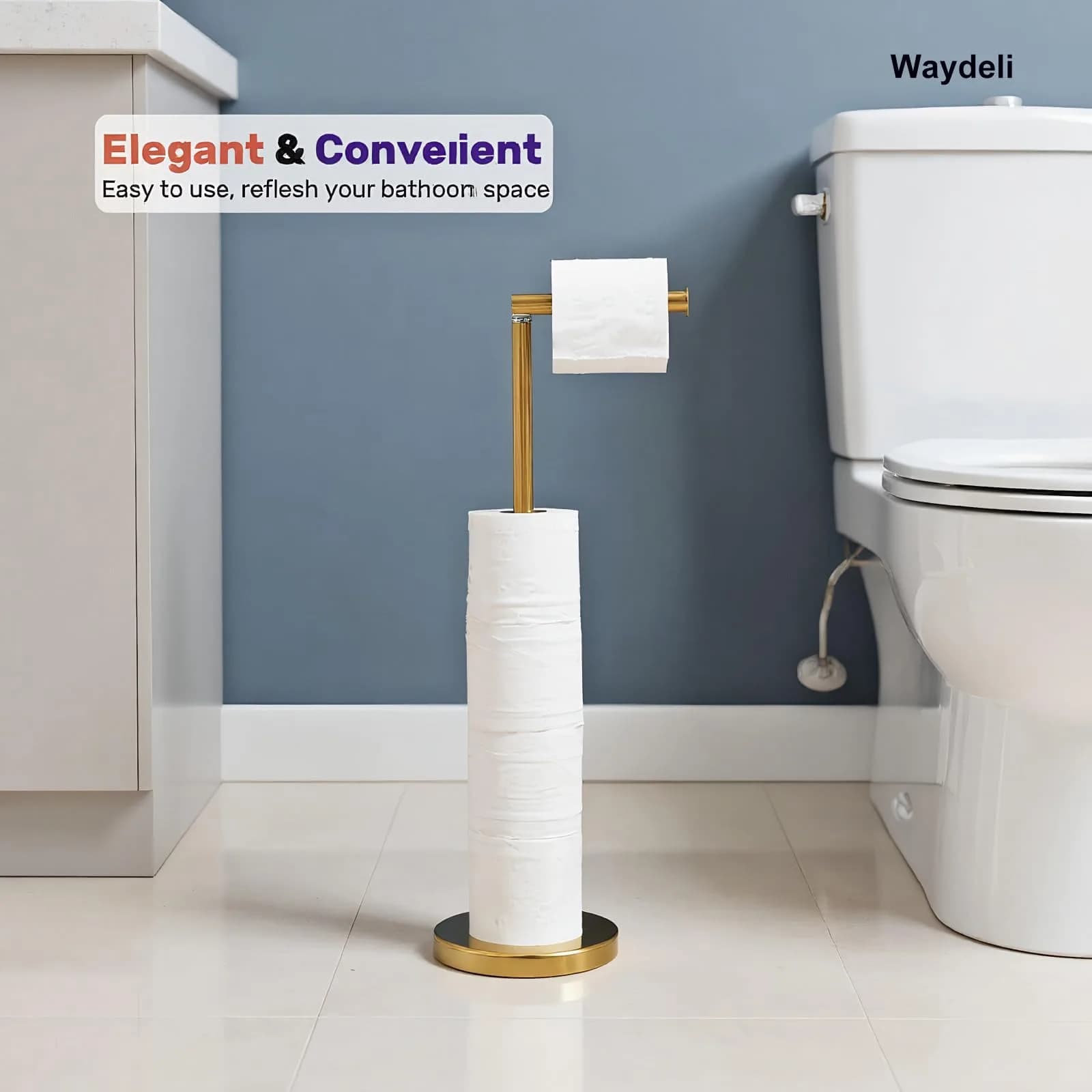 WAYDELI Freestanding Toilet Paper Holder Stand with Reserve for 4 Rolls | Stainless Steel Base, Gold - view 2