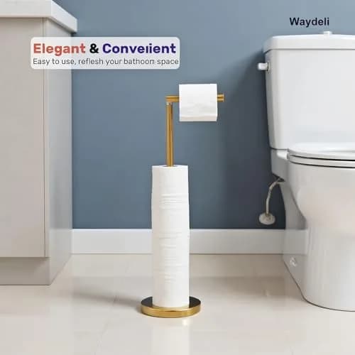 WAYDELI Freestanding Toilet Paper Holder Stand with Reserve for 4 Rolls | Stainless Steel Base, Gold thumbnail 2