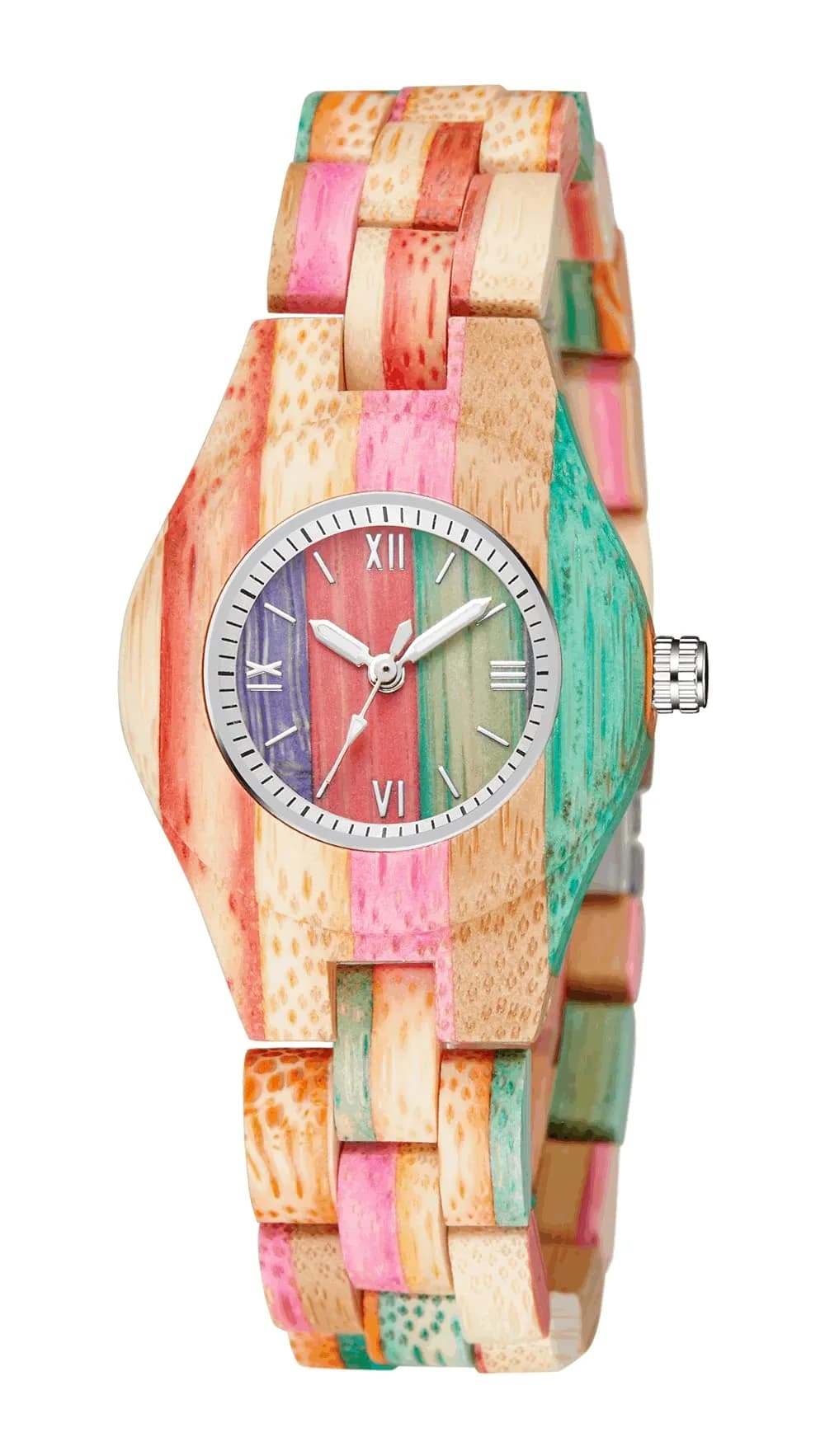 Dentily Handmade Wooden Bamboo Watch for Women, 25mm (1 inch) Case | Natural Wood Analog Quartz Wristwatch — yellow&pink