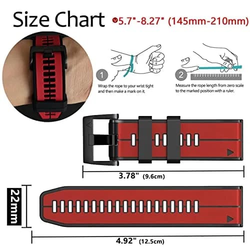 Abanen 22mm Silicone Watch Band for Garmin Fenix 7/6/5, Forerunner 955/945, Instinct 2/Solar, Red-Black | Quick Fit Sport Strap thumbnail 4